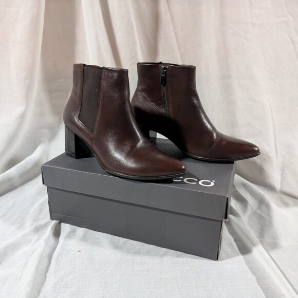ECCO Pointy Brandy Coloured Ankle Boots With Zipper Block Heel Women's 7 - 7.5 - Picture 1 of 8